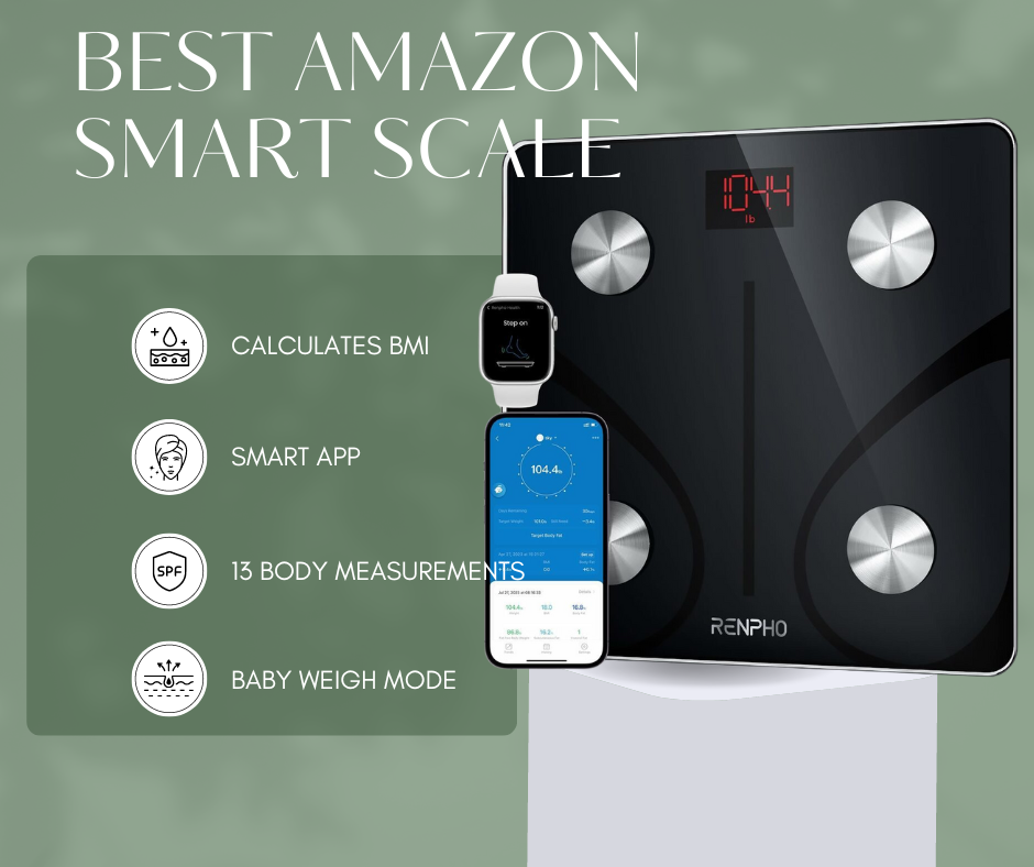 Digital smart scale with BMI, app, 13 measurements feature.