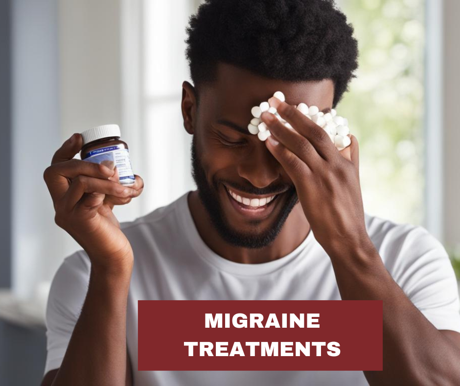 Man holding medication bottle, suffering from migraine.