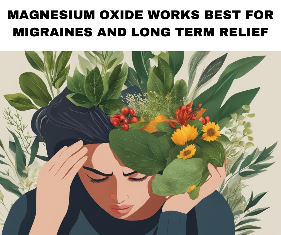 Illustration of woman with headache surrounded by healing plants.