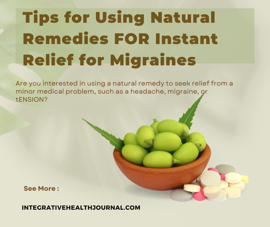 Graphic on natural migraine relief tips with herbal ingredients.