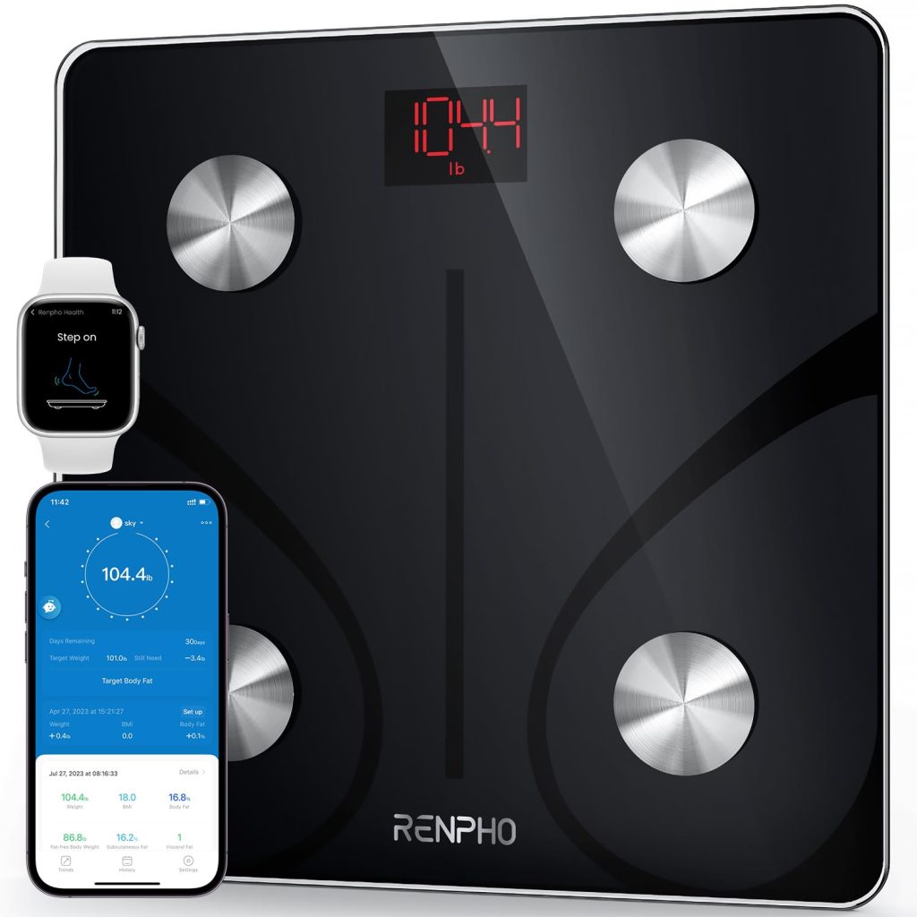 Digital bathroom scale with smartphone connectivity.
