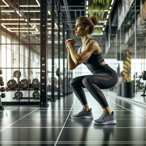 Woman performing squats at modern gym facility.