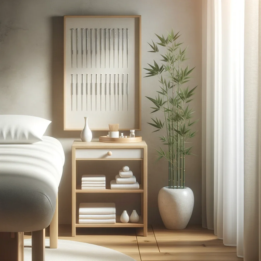 Zen-style bedroom interior with bamboo plant and decor for acupuncture