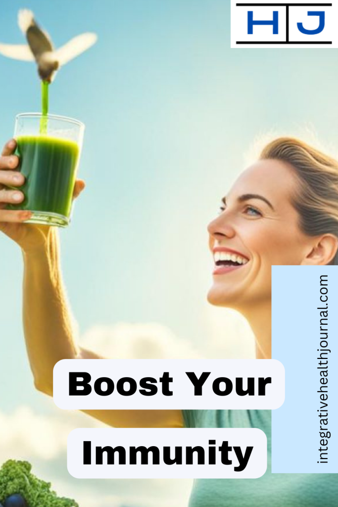 Woman smiling, holding green juice, with text "Boost Your Immunity".