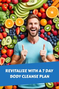 Man with fruits promoting a body cleanse plan.