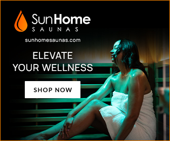 Woman relaxing in SunHome sauna, wellness promotion.